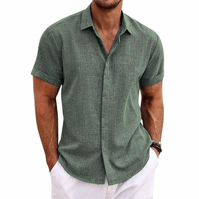 Men's Solid Color Lapel Cotn Linen Short Sleeve Shirt