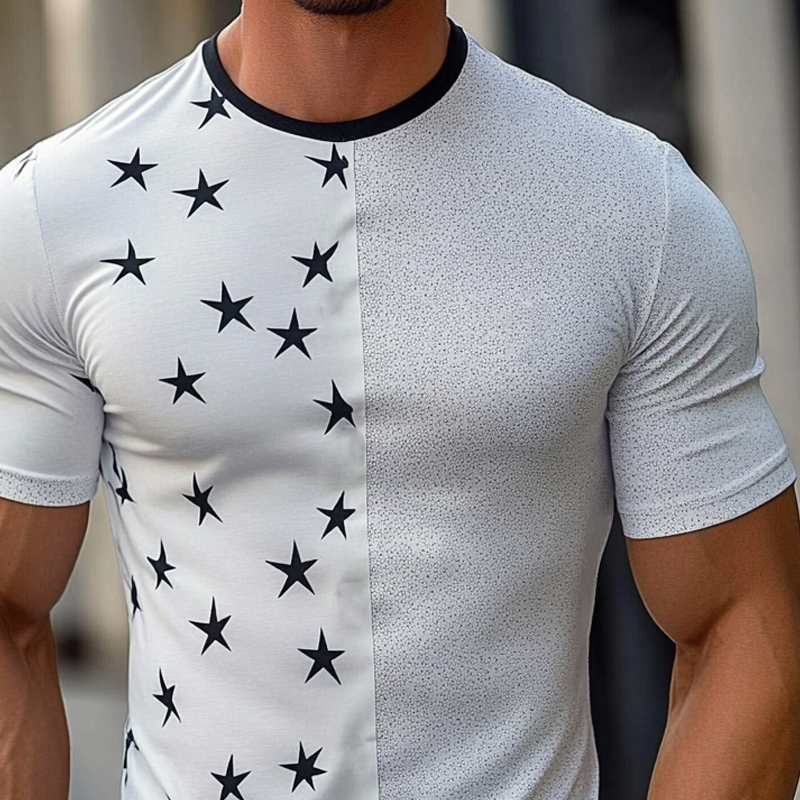 Adrian | Men'S Round Neck Patchwork Printed Cotton Blend Short-Sleeved T-Shirt