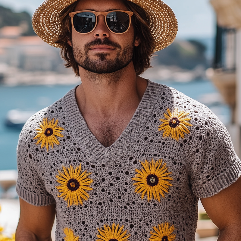 Kent | Men'S Spring And Summer Fashion Leisure Vacation Style Knitted Hollow Flower V-Neck Short-Sleeved T-Shirt