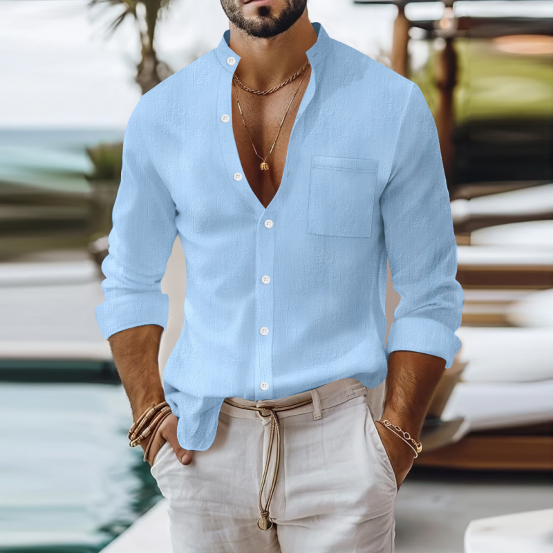 Rufus | Men'S Casual Breathable Solid Color Cotton Linen Stand-Up Collar Patch Pocket Slim Fit Long Sleeve Shirt