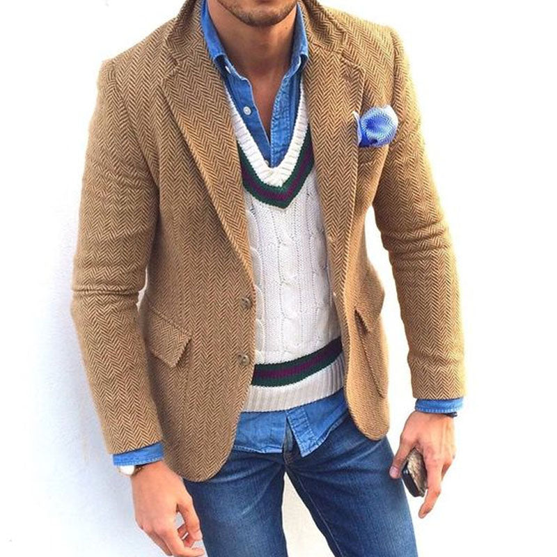 Men's Vine Herringbone Wool Blend Lapel Single Breasted Blazer