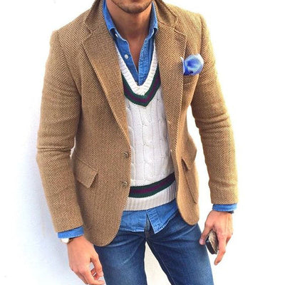 Men's Vine Herringbone Wool Blend Lapel Single Breasted Blazer