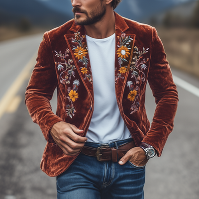 Men's Classic Retro SliFit Single Breasted Fax Velvet Embroidered Blazer