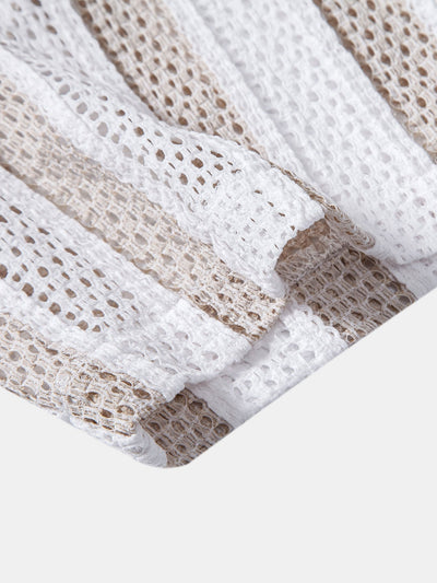 Josafat® | Striped Mesh Cuban Shirt & Wrinkle Textured Straight Leg Pants