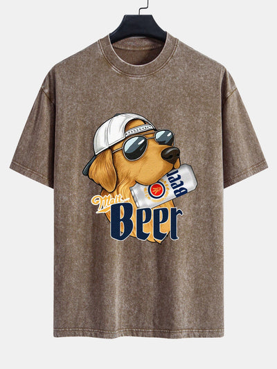 Jano® | Beer Dog Print Washed Distressed Drop Shoulder T-Shirt