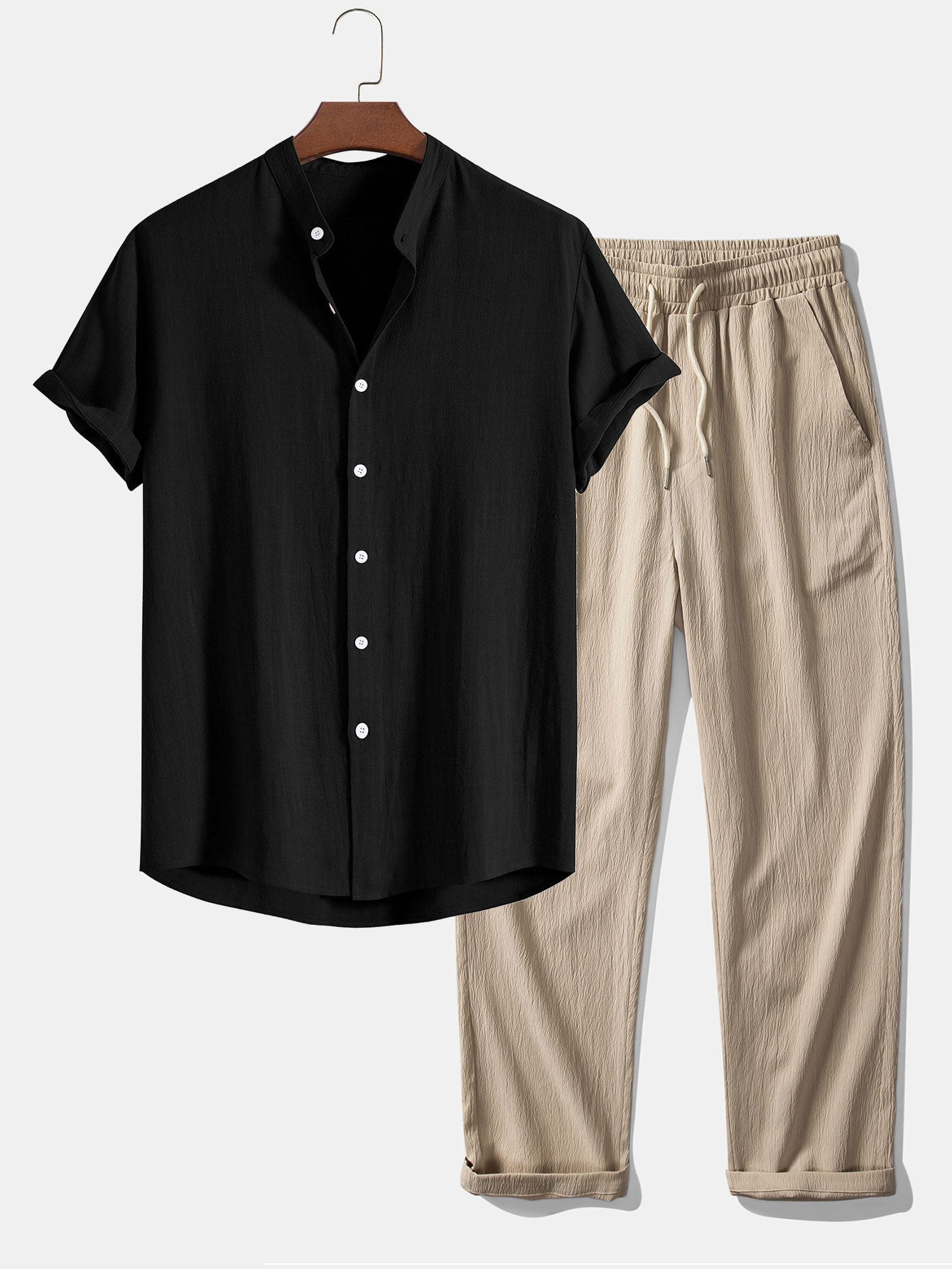 Donato® | Linen And Rayon Blend Stand Collar Shirt & Wrinkle Textured Straight Leg Pants
