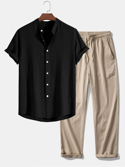 Donato® | Linen And Rayon Blend Stand Collar Shirt & Wrinkle Textured Straight Leg Pants