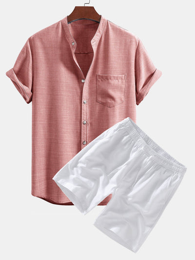 Agathangelos® | Short Sleeve Stand Collar Shirt & Linen Drawstring Shorts