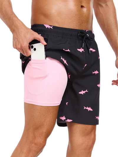 Acisclo® | 2 In 1 Pink Shark Print Swim Shorts