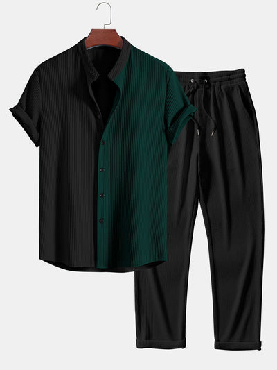 Joy® | Muscle Fit Ribbed Shirt With Mandar Collar & Ribbed Straight Leg Trousers