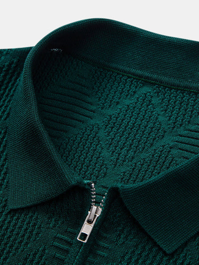 Aiden | Rhombus Textured Zip Up Knitted Polo Shirt