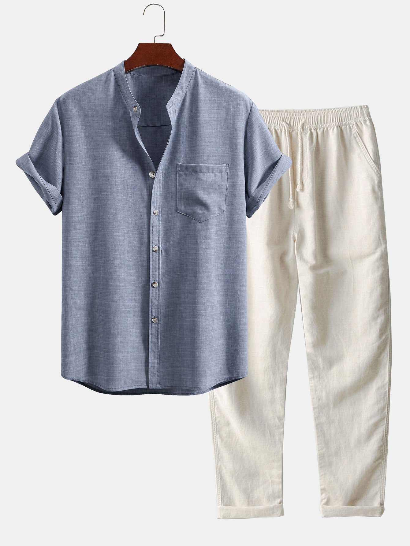 Adham® | Short Sleeve Stand Collar Shirt & Straight Leg Linen Pants