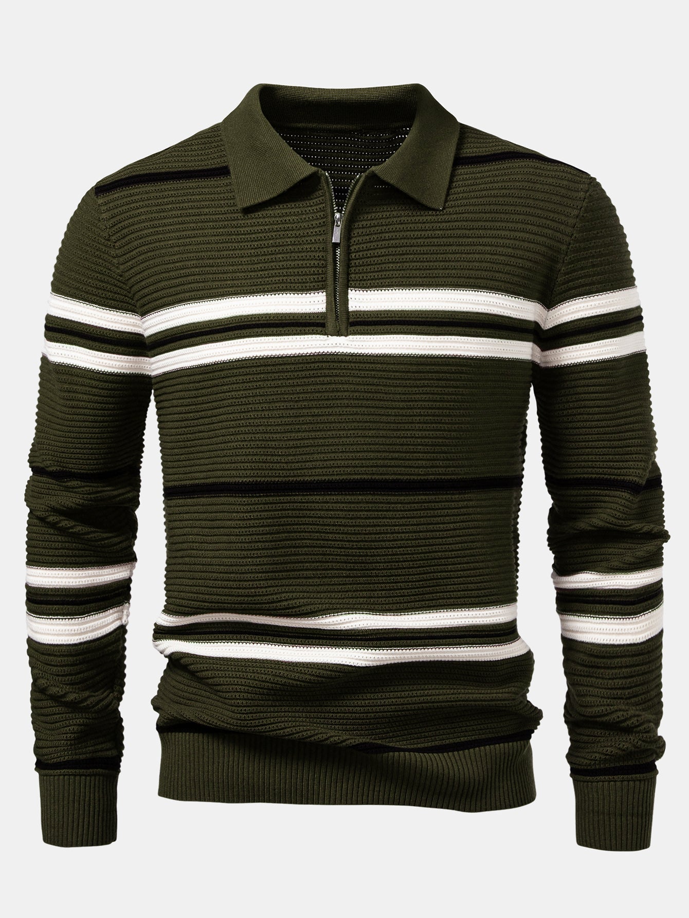 Albano® | Striped Textured Zip Knit Polo Shirt