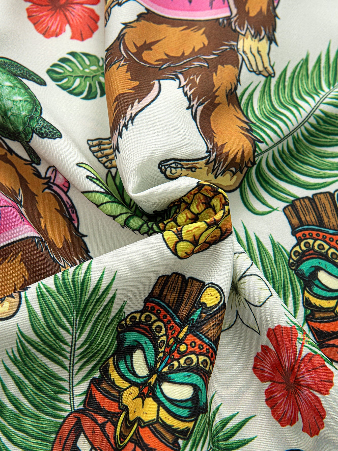 Marvin® | Tropical Tiki Bigfoot Print Button Up Shirt & Man Mid Length Drawstring Swim Shorts