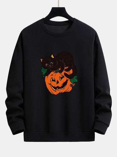 Benicio® | Pumpkin Black Cat Print Relax Fit Sweatshirt