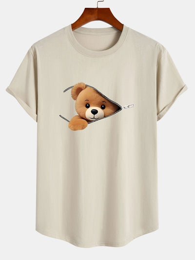 Gustavo® | Zipper Bear Print Cotton Arc Hem T-Shirt