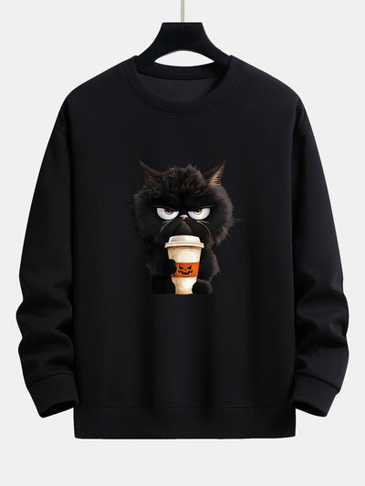 Camilo® | Black Cat Halloween Coffee Print Relax Fit Sweatshirt