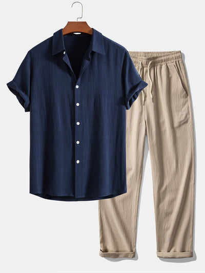 Dorian® | Linen Rayon Blend Button Up Shirt & Wrinkle Textured Straight Leg Pants