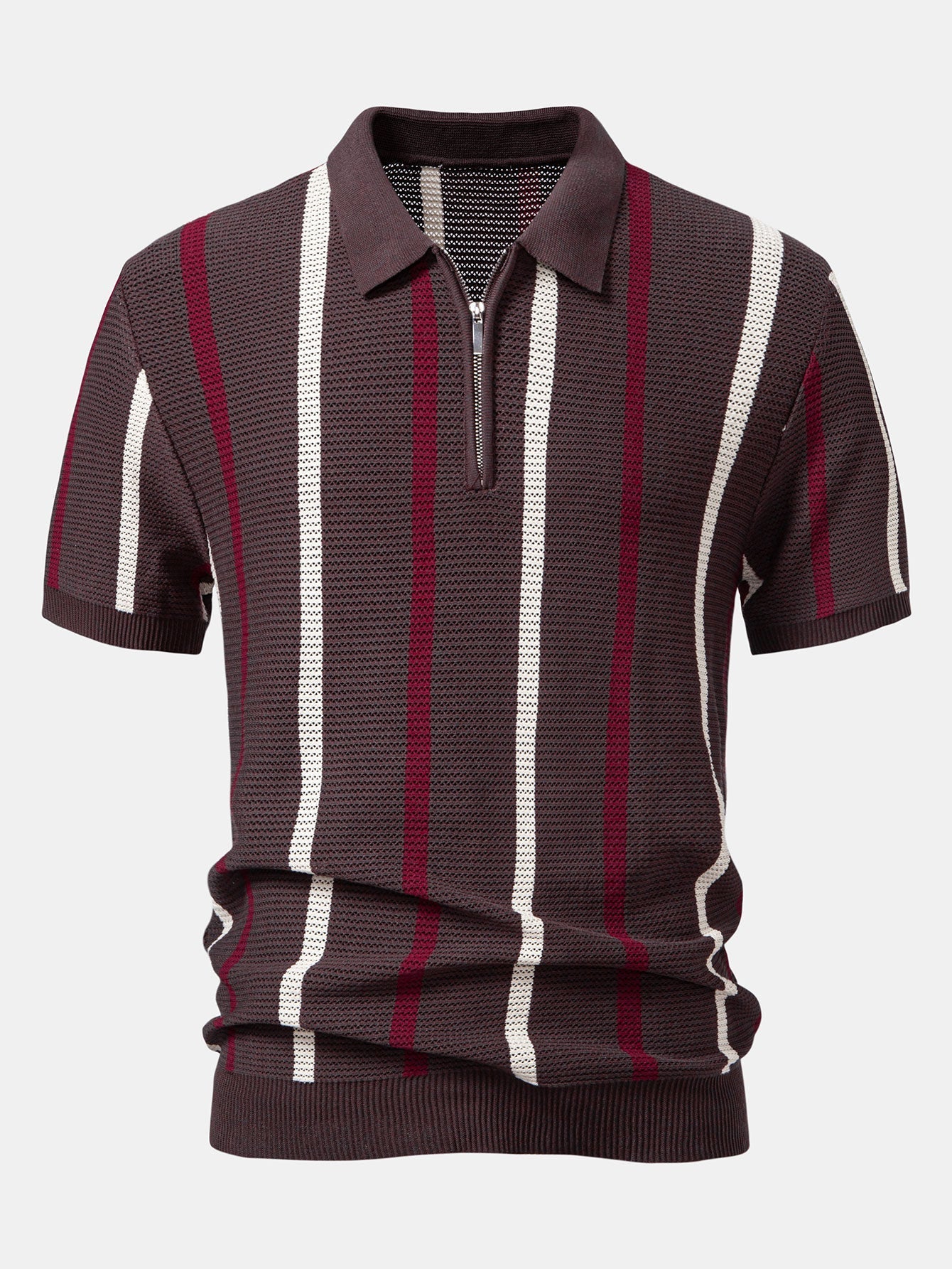 Isaac | Striped Knit Zip Up Polo Shirt