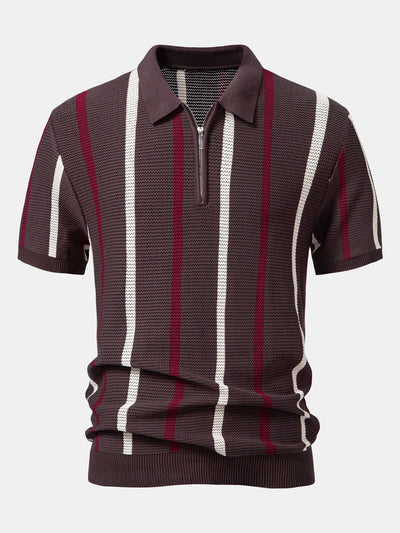 Isaac | Striped Knit Zip Up Polo Shirt