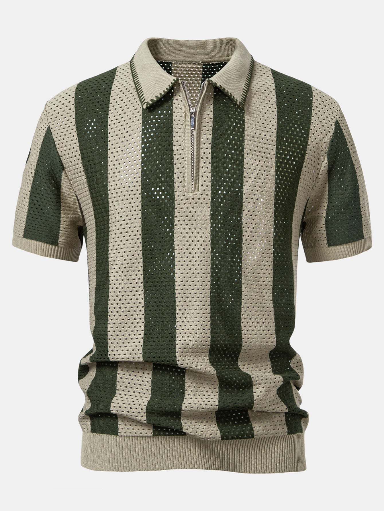 Dylan | Striped Eyelet Knit Zip Up Polo Shirt