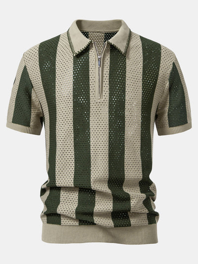 Dylan | Striped Eyelet Knit Zip Up Polo Shirt