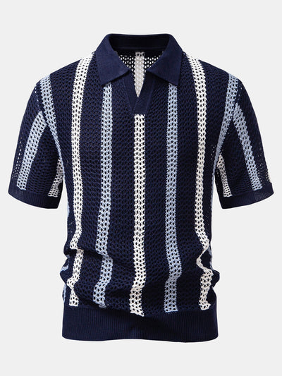 hola Crochet Striped V-Neck Polo Shirt