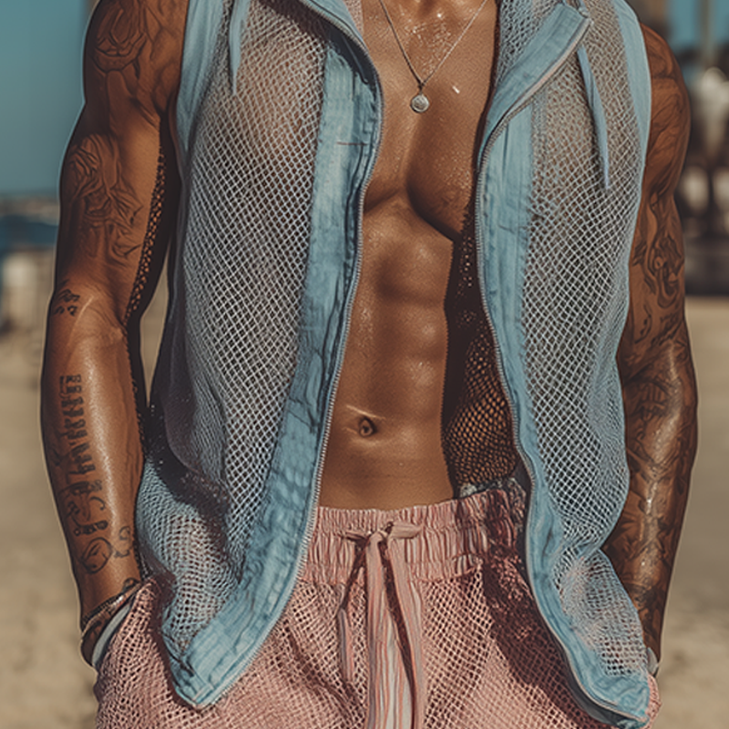 Lamar | Men'S Spring And Summer Fashion Casual Mesh Fabric Splicing Cotton And Linen Slightly Transparent Sexy Hooded Sleeveless Shirt