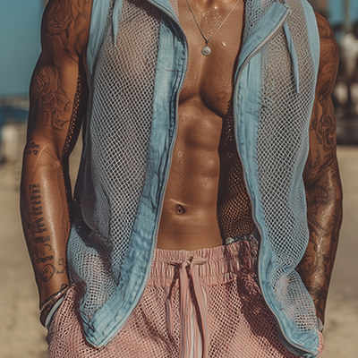 Lamar | Men'S Spring And Summer Fashion Casual Mesh Fabric Splicing Cotton And Linen Slightly Transparent Sexy Hooded Sleeveless Shirt