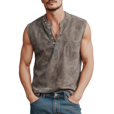 Theo | Men'S Spring And Summer Casual Thin Suede Henry Collar Decorated Rivet Slim Fit Tank Top