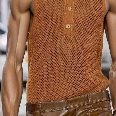 Raul | Men'S Solid Hollow Out Knit Lapel Sleeveless Tank Top