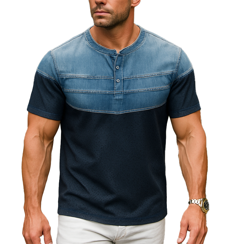 Richard | Men'S Summer Fashion Denim Sports Fabric Patchwork Short Sleeve Henley Shirt
