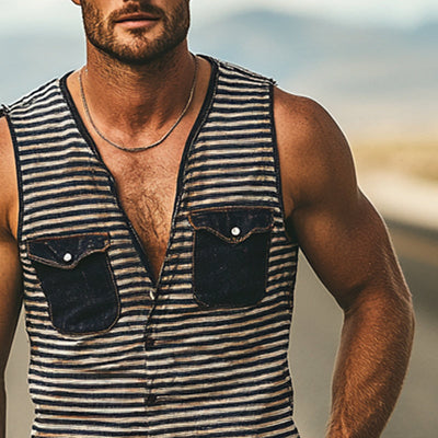 Pablo | Men'S Striped Contrast Denim Pocket V-Neck Vest