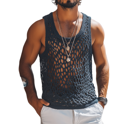 Maurice | Men'S Summer Fashion Casual U-Neck Knitted Crochet Hollow Tank Top