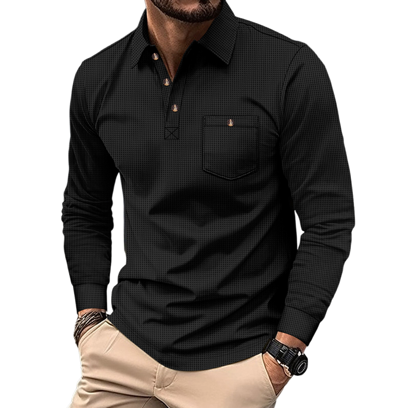 Alan | Men'S Solid Color Waffle Long Sleeve Polo Shirt