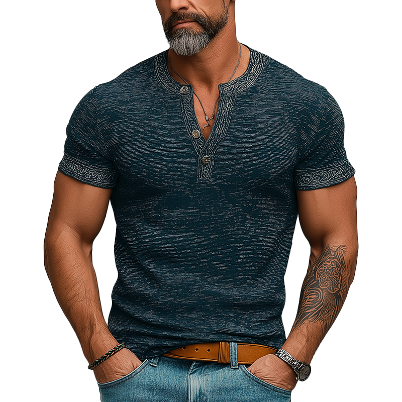 Zane | Men'S Summer Fashion Retro Printed Polyester Blended Short Sleeve Henley Shirt