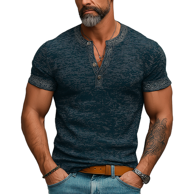 Zane | Men'S Summer Fashion Retro Printed Polyester Blended Short Sleeve Henley Shirt