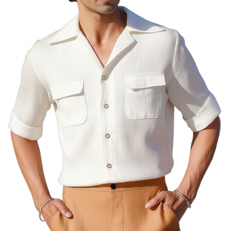 Ben | Men'S Casual Solid Color Pleated Cotton Blend Cuban Collar Chest Pocket Single Breasted Slim Mid Sleeve Shirt