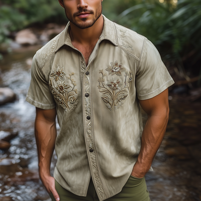 Federico | Men'S Summer Floral Embroidered Suede Short Sleeve Shirt