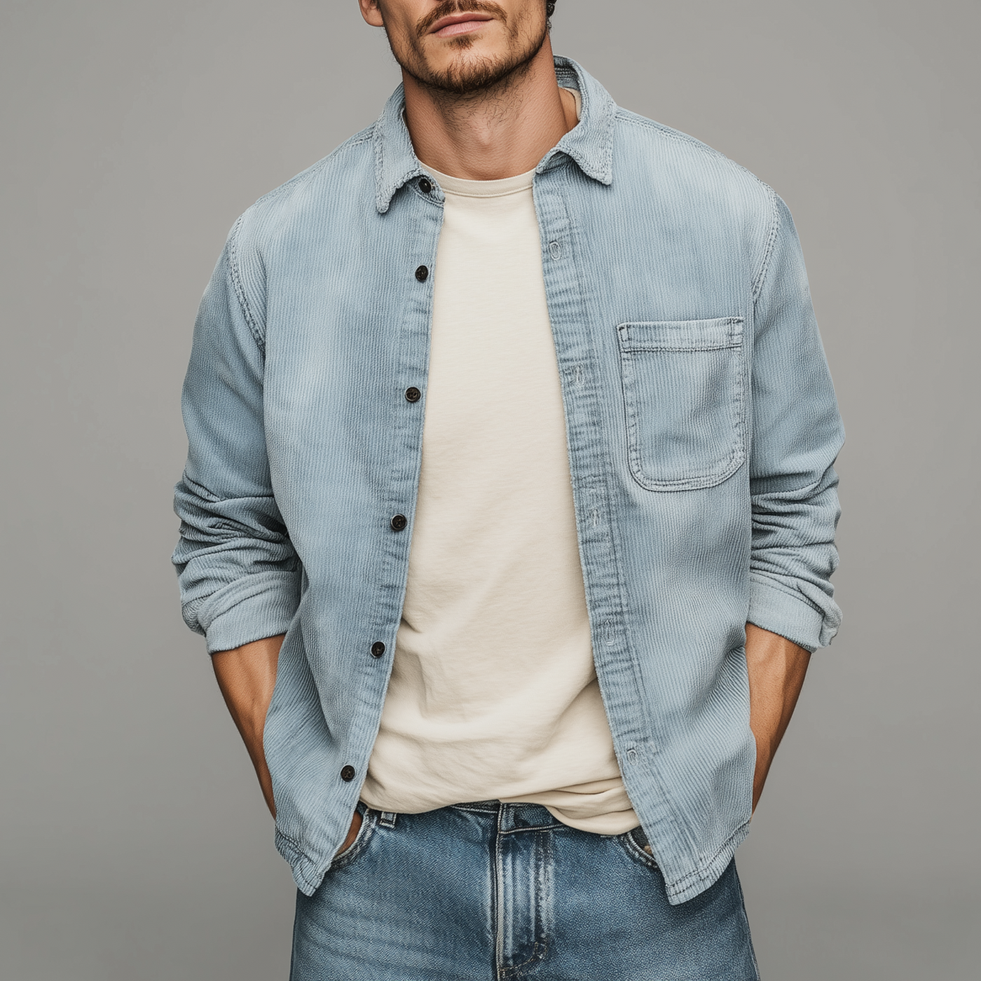 Colin | Men'S Retro Casual Corduroy Washed Lightly Bleached Distressed Long-Sleeved Shirt