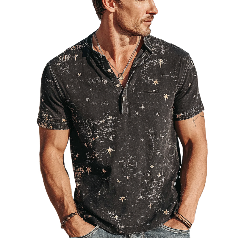 Bart | Men'S Star Print Henley Neck Short Sleeve T-Shirt