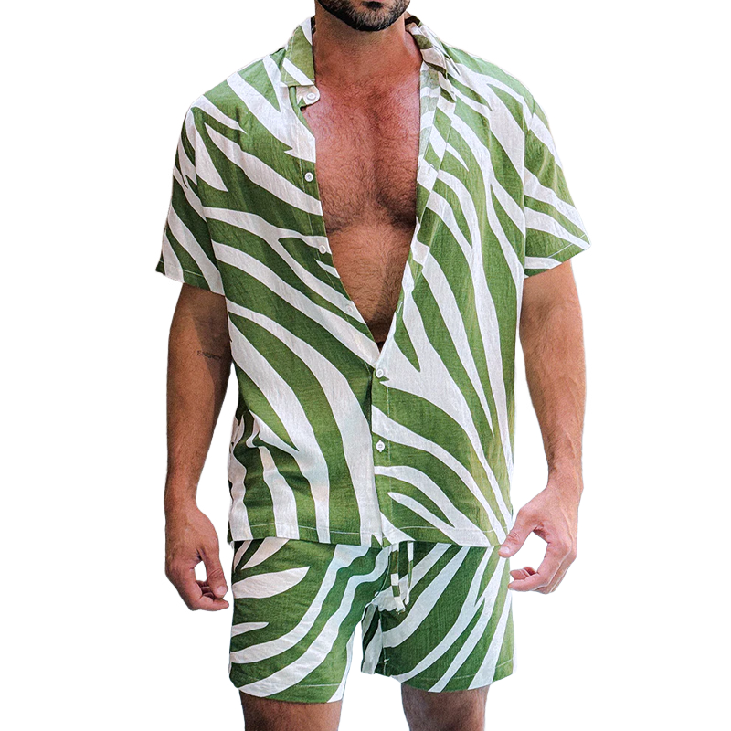 Drew | Men'S Spring And Summer Fashion Casual Zebra Stripe Printed Silk Cotton Short Sleeve Shirt Elastic Waist Shorts Set