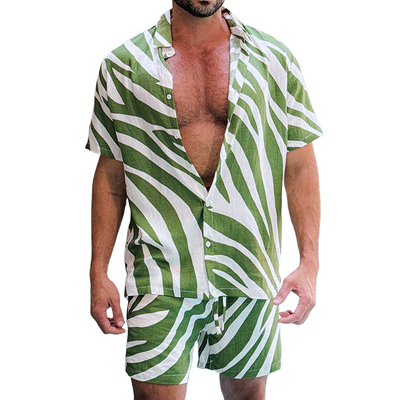 Drew | Men'S Spring And Summer Fashion Casual Zebra Stripe Printed Silk Cotton Short Sleeve Shirt Elastic Waist Shorts Set