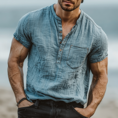 Craig | Men'S Casual Solid Color Pleated Cotton Washed Henley Collar Patch Pocket Loose Short Sleeve Shirt