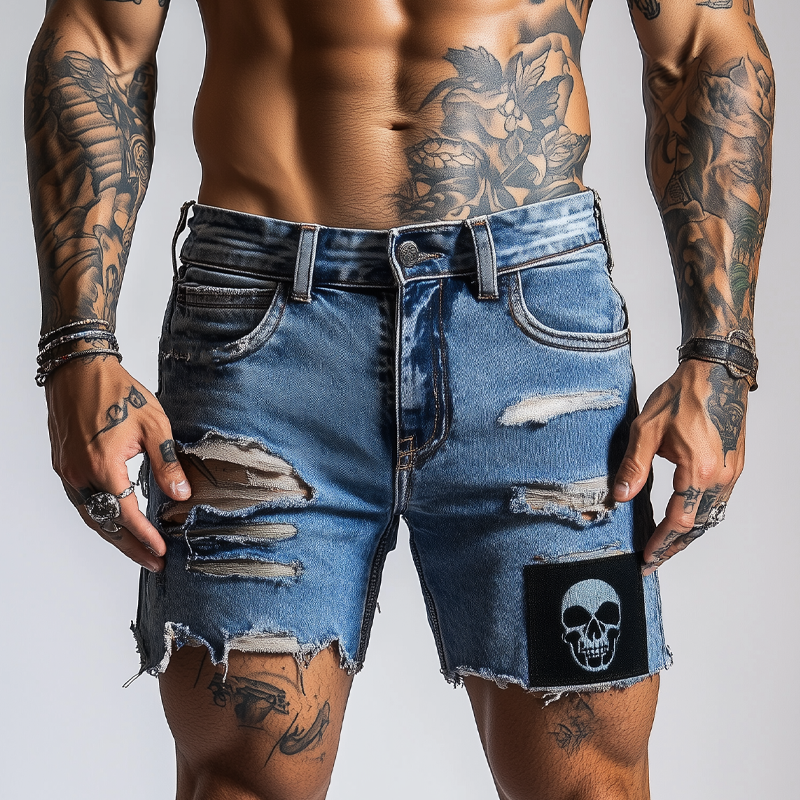 Gary | Men'S Skull Pattern Patchwork Ripped Denim Shorts