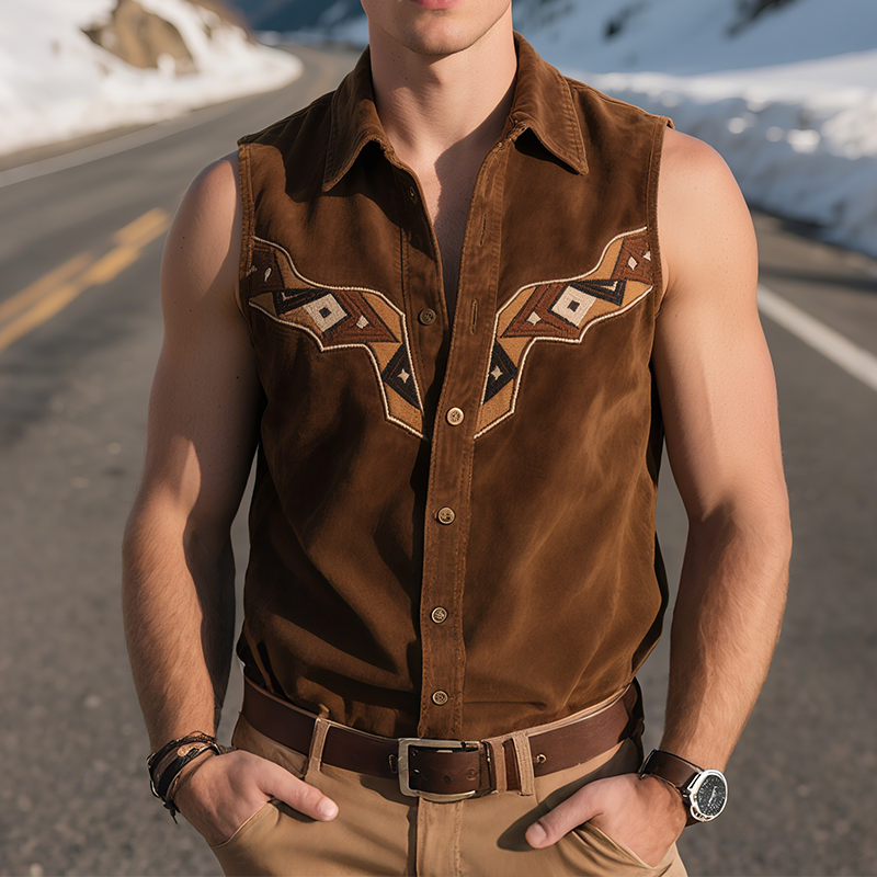 Terence | Men'S Vintage Casual Western Suede Geometric Embroidery Lapel Sleeveless Shirt