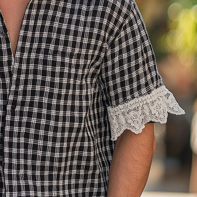Luther | Men'S Summer Fashion Lace Patchwork Plaid Short Sleeve Shirt