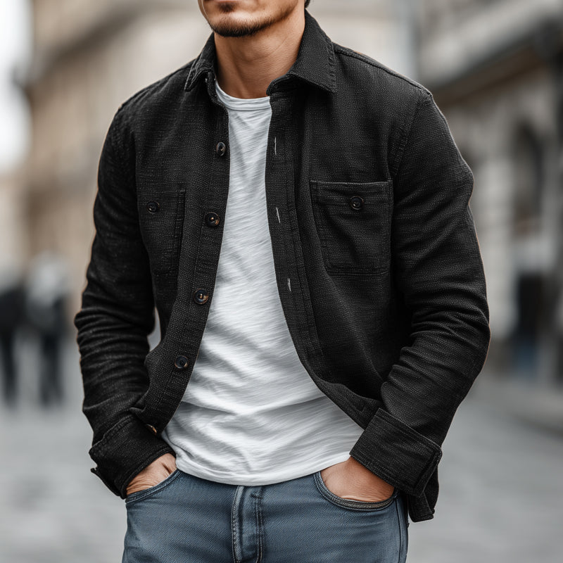 Sergio | Men'S Casual Solid Color Breathable Cotton Blended Lapel Chest Pocket Loose Long Sleeve Shirt