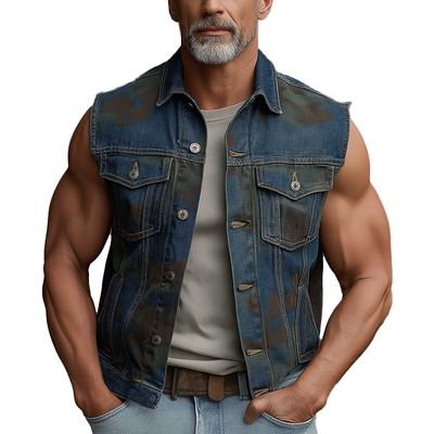 Randy | Men'S Summer Fashion Camouflage Print Washed Denim Vest