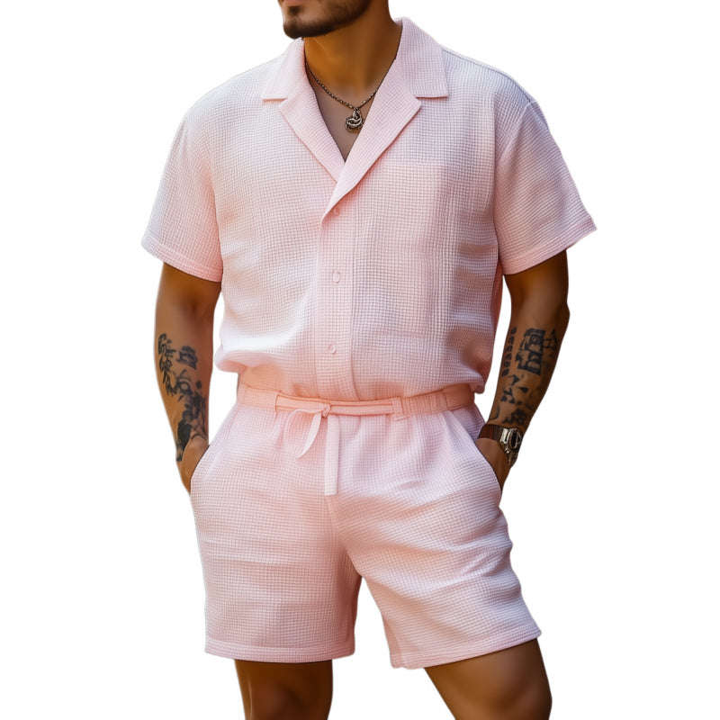 Corey | Men'S Casual Breathable Cotton Blended Waffle Lapel Slim Fit Short Sleeve Shorts Jumpsuit